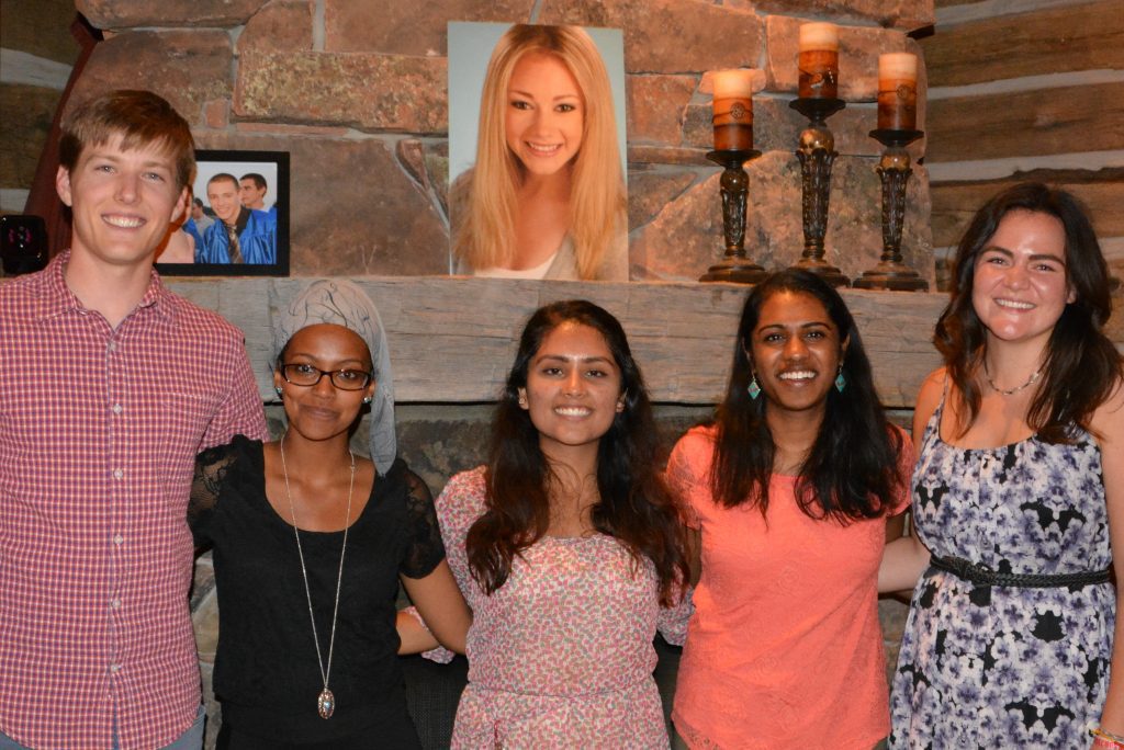Nejat Kassahun, 2nd from left, with scholarship recipients Colin Mayberry (PIIE 2013), Priyanka Guragain (ASB 2014), Ramya Palaniappan (PIIE 2015) & Jamie Haller (ASB 2012) at the Feldman home in August